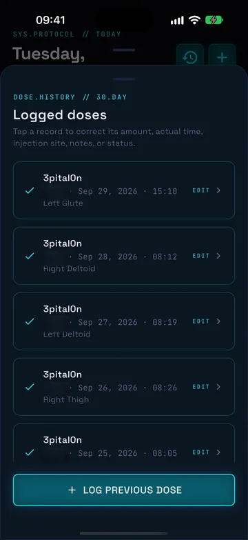 PepMod dose history screen.
