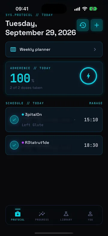 PepMod Today screen with adherence and today’s schedule.